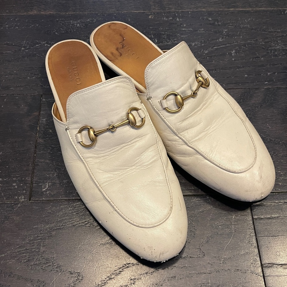 GUCCI white Horsebit Princetown Leather Slipper Loafers Mules Size 39